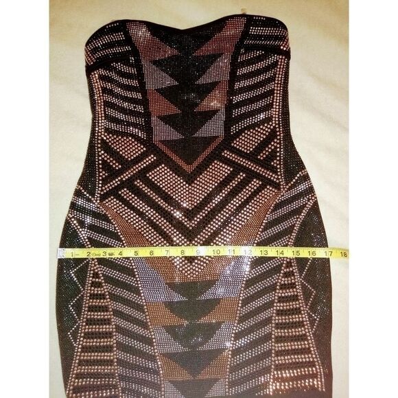 Crystal Doll Abstract Studded Strapless Bodycon Metallic Cocktail Dress - Picture 9 of 11